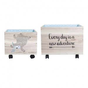 Bloomingville Mini Wooden Storage Box on Wheels Sea Creature Natural / Blue Set of 2