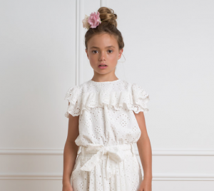 Petite Amalie Embroidered Flower Ruffle Top White