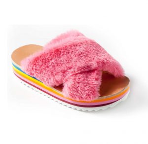 Maison Mangostan SS18 Peach Flatform Slide Sandal Cross Faux Fur Pink