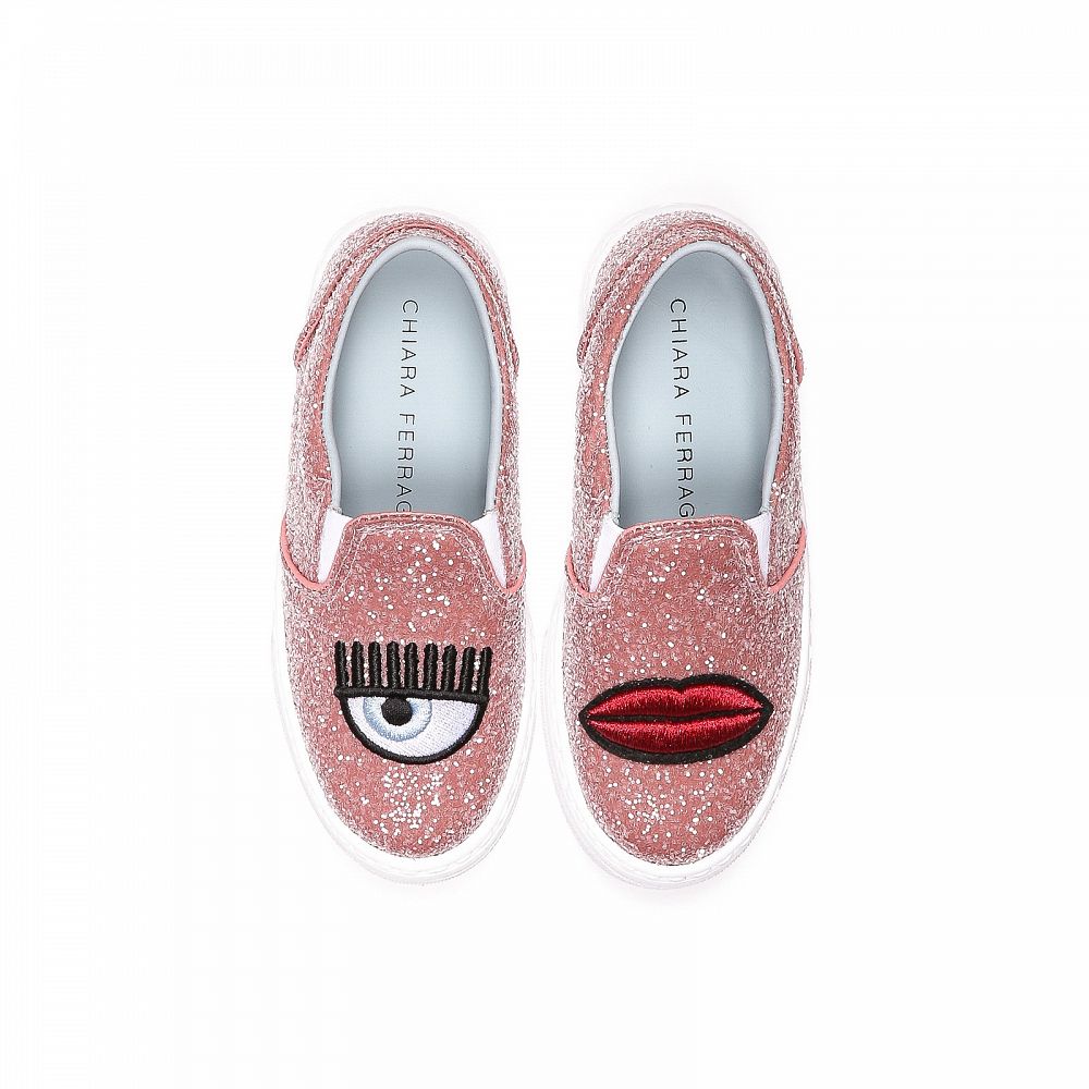 Chiara Ferragni Kids Slip On Shoes Pink Glitter Lips - Leo & Bella