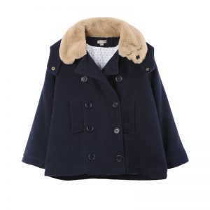 emile et ida AW18 Faux Fur Collar Pea Coat Navy