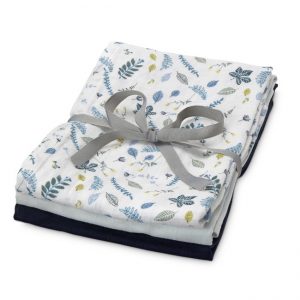 Cam Cam Organic Muslin Cloth Pressed Leaves Blue / Baby Blue / Navy 3PK Mix