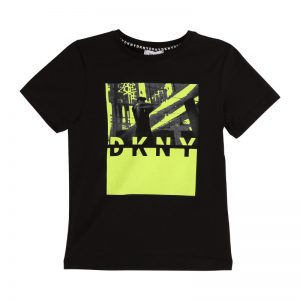 DKNY AW19 Cotton Neon Yellow and Grey Print T-Shirt Black