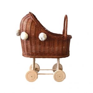 Lilu Wicker Dolls Pram High with Pom Pom Natural