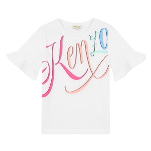 Kenzo Kids SS20 Disco Jungle Logo T-Shirt Ruffle Sleeve White