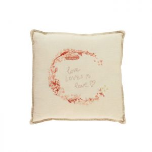 camomile london Square Cushion Hand Embroidered Peach / Pink Thread LOVE Vintage Cream