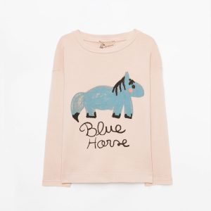 Weekend House Kids AW21 Blue Horse Long Sleeve T-Shirt Natural