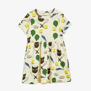 Mini Rodini AW23 Dress Short Sleeve AOP Chef Cat Off-White