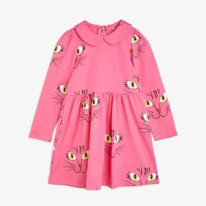 Mini Rodini AW23 Long Sleeve Dress AOP Cat Face Pink