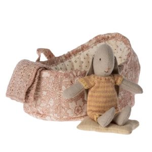 Maileg Bunny in Pink Carry Cot Micro Mustard