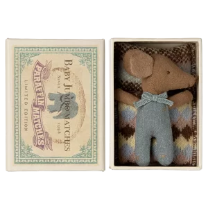 Maileg Mouse Sleepy Wakey Baby in Matchbox Blue