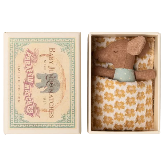 Maileg Mouse Sleepy Wakey Baby Mouse in Matchbox Blue