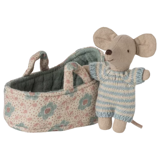 Maileg Baby Mouse in Carry Cot - Blue