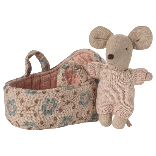 Maileg Baby Mouse in Carry Cot - Rose