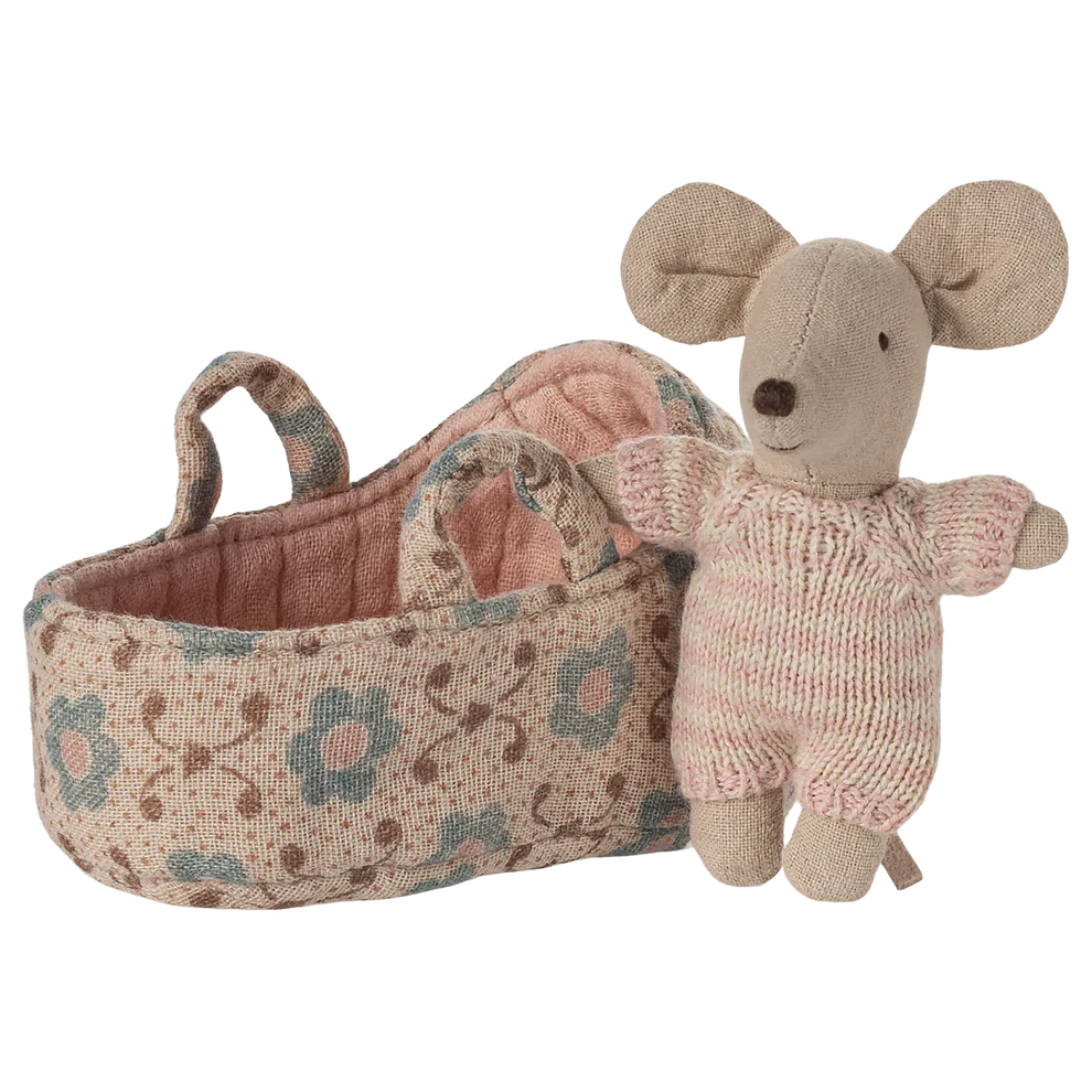 Maileg Baby Mouse in Carry Cot - Rose