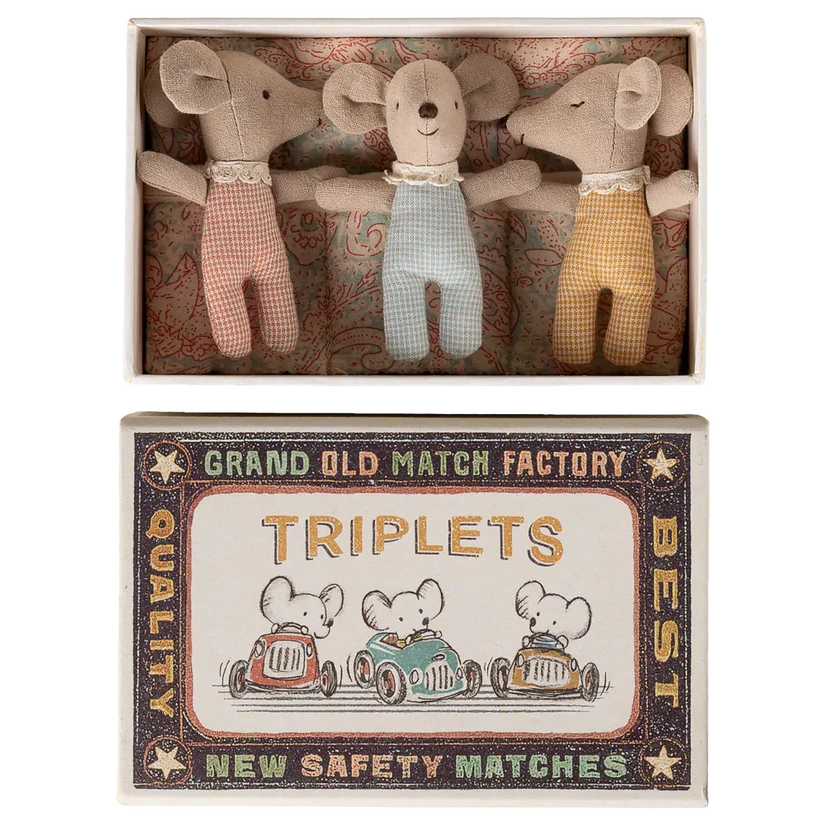 Maileg Baby Mice in Matchbox Triplets Checker